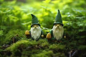 AI generated Toy Irish gnomes in a mystery forest, abstract green natural background. Generative AI photo