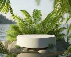 AI generated Stone product display podium for cosmetic product with green nature garden background. Generative AI photo