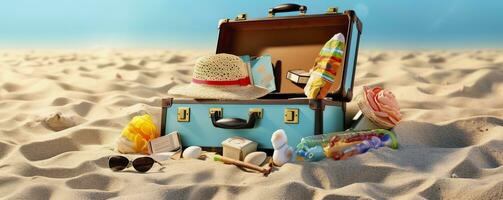 AI generated Beach Preparation, Accessories In Suitcase On Sand. Generative AI photo