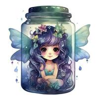 AI generated Watercolor Fantasy Pastel Goth Tiny Fairy in a Jar. AI Generated photo