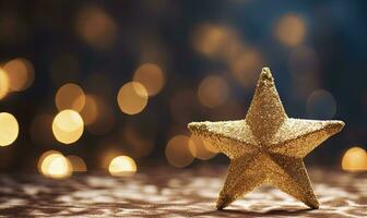 AI generated Sparkling Golden Christmas Star. Ornament Decoration Defocused Bokeh Background. AI Generated photo