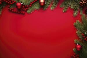 AI generated Christmas or New Year red background with fir decor. AI Generated photo