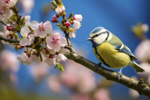 ai generado un bluetit pájaro descansando en el rama de un árbol. ai generado. foto