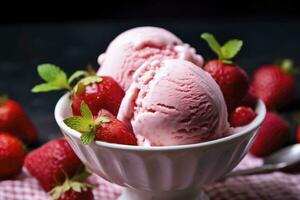 AI generated Strawberry Ice Cream with Fresh Strawberries. AI Generated photo