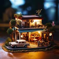 AI generated A charming and cozy coffee shop Set beside a busy highway with Warm and golden sunset light, and a Picturesque sunset view with vibrant colors. AI Generative photo