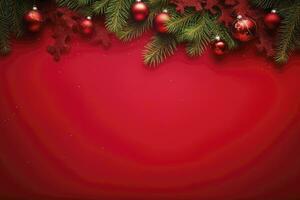 AI generated Christmas or New Year red background with fir decor. AI Generated photo