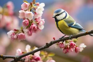 ai generado un bluetit pájaro descansando en el rama de un árbol. ai generado. foto