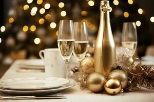 AI generated Christmas table setting with holiday decorations in gold color. AI Generated photo