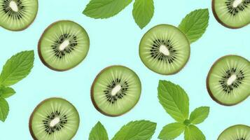 ai generado rebanadas de kiwi Fruta y verde menta hojas en un ligero pastel azul antecedentes. ai generado foto