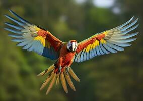 AI generated Flying macaw, beautiful bird. Generative AI photo