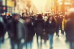 ai generado borroso negocio personas caminando en el ciudad bohordo. ai generado foto