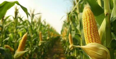 AI generated Closeup corn cobs in corn plantation field. Generative AI photo