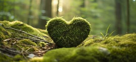 AI generated Closeup of wooden heart on moss. Natural burial grave in the woods. Generative AI photo