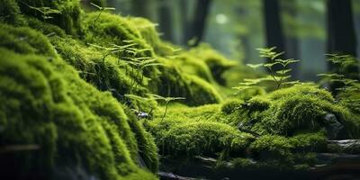AI generated Green moss closeup, with a backdrop of woodland.  Forest in the national park. AI Generated photo
