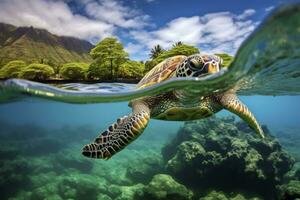 AI generated Green turtle at the seawater. AI Generated photo