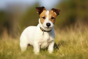 AI generated Happy jack russell terrier pet dog waiting, listening in the grass. AI Generated photo