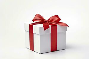 AI generated Gift box with red ribbon isolated on white background. AI Generated photo