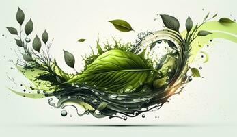 AI generated Green herbal tea wave splash with leaves flow. AI Generated photo