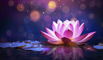 AI generated Lotus Pink light purple floating light sparkle purple background. AI Generated photo