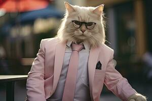 AI generated A cat is wearing sunglasses, suit and standing on street. AI Generated photo