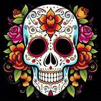 AI generated Mexican roses skull. Mexican roses skull. Dia de los muertos shugar colorful head. AI Generated photo