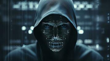 AI generated Binary Intrigue. Anonymous robotic hacker. Concept of hacking. AI Generated photo