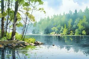 AI generated The serenity of a secluded forest lake.AI Generated photo