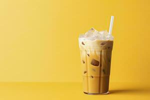 ai generado con hielo latté en amarillo antecedentes. ai generado foto