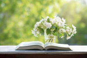 AI generated Jasmine flowers in a vase and open book on the table, green natural background. AI Generated photo