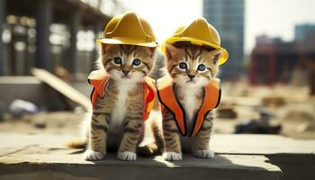 ai generado dos gatitos vistiendo difícil sombreros en un construcción sitio. generativo ai foto