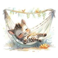 AI generated A sleepy baby zebra in a hammock. watercolor illustrations. AI Generated photo