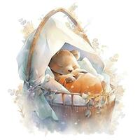 AI generated A sleepy baby bear in a bedding. watercolor illustration. AI Generated photo