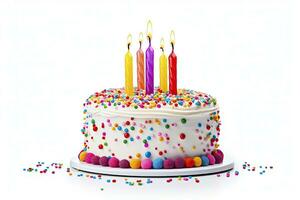 AI generated Colourful birthday cake with candles isolated on white background. AI Generated photo