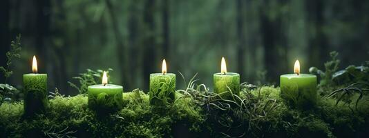 AI generated Burning candles on moss, dark green blurred the natural background. Magic candle. Generative AI photo