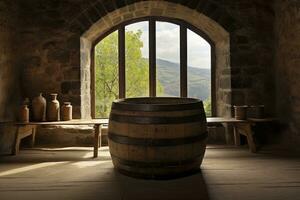 ai generado barril en un antiguo castillo junto a el ventana. ai generado foto