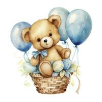 AI generated A watercolor baby teddy bear is sitting in the basket with blue and gold balloons. AI Generated photo