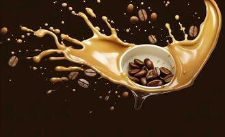 AI generated hot liquid coffee splash with Coffee Bean falling, 3d illustration. AI Generated photo