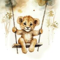 AI generated Cute happy baby lion on swings attached to the tree in watercolor style. AI Generated photo