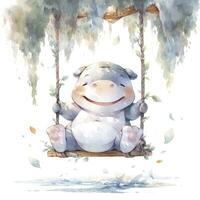 AI generated Cute happy baby rhino on swings in the tree in watercolor style. AI Generated photo