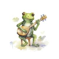 AI generated Watercolor green frog playing a tiny musical instrument on white background. AI Generated photo