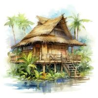 AI generated A watercolored bright serene image of a traditional bahay kubo. AI Generated photo