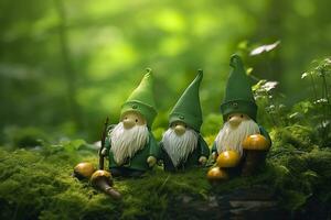 AI generated Toy Irish gnomes in a mystery forest, abstract green natural background. Generative AI photo