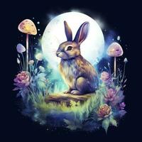 AI generated Watercolor Rabbit and Glowing Moon for T-shirt Design. AI Generated photo