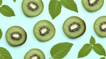 AI generated Slices of kiwi fruit and green mint leaves on a light pastel blue background. AI Generated photo