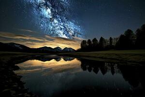 AI generated Milky Way Reflected on Lake. AI Generated photo