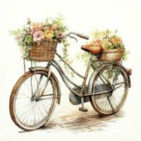 AI generated Watercolor bicycle with flowers in the basket isolated on white background.  AI Generated photo