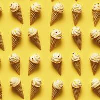 AI generated Ice Cream pattern on yellow background, top view. AI Generated photo