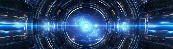 AI generated science fiction wallpaper with blue lights. Generative AI photo