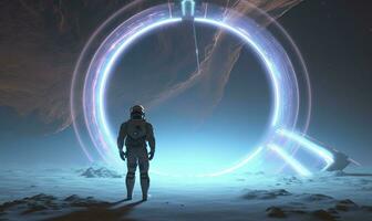 AI generated Astronaut in front of dimensional portal.  AI Generated. photo