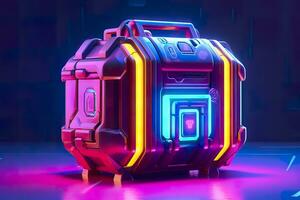 AI generated Modern and Futuristic Neon Digital Gaming Chest in Cartoon Pixar 3D Blender Style. AI Generative photo